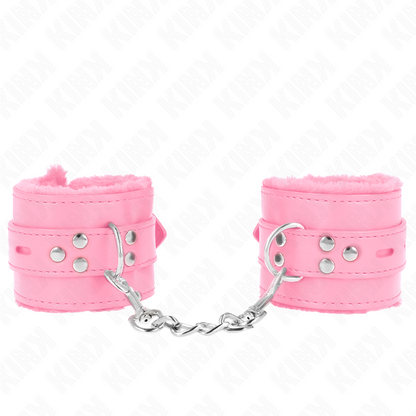 KINK - POLSINI IMBOTTITI IN PELLICCIA CON FORI QUADRI ROSA E CINTURA ROSA REGOLABILE 17-29 CM X 6 CM - KINK COLLAR & GAG | Lingerie Harness Boutique