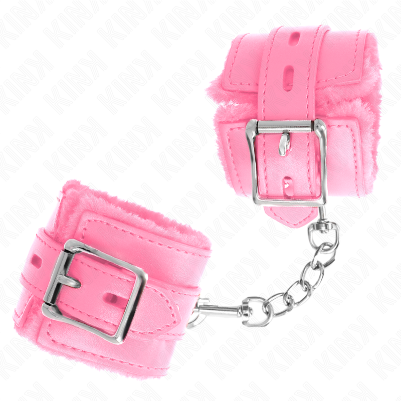 KINK - POLSINI IMBOTTITI IN PELLICCIA CON FORI QUADRI ROSA E CINTURA ROSA REGOLABILE 17-29 CM X 6 CM - KINK COLLAR & GAG | Lingerie Harness Boutique