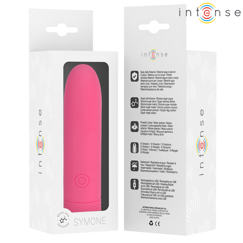 INTENSE - SYMONE USB RICARICABILE VIBRANTE BULLET 8 VIBRAZIONI ROSA 10 X 2,2 CM - INTENSE FUN | Lingerie Harness Boutique