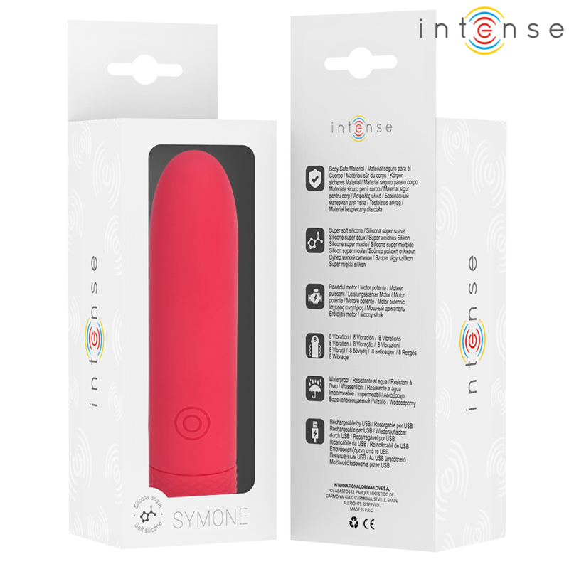 INTENSE - SYMONE PROIETTILE VIBRANTE RICARICABILE USB 8 VIBRAZIONI ROSSO 10 X 2,2 CM - INTENSE FUN | Lingerie Harness Boutique
