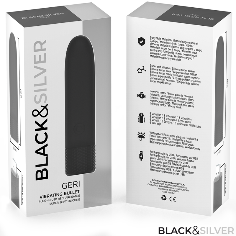 BLACK & SILVER - GERI USB RICARICABILE VIBRANTE BULLET 8 VIBRAZIONI NERO 10 X 2,2 CM - BLACK&SILVER | Lingerie Harness Boutique