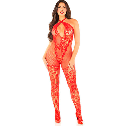 LEG AVENUE - BODYSTOCKING A MAGLIA CON STAMPA A FIORI ROSSO TAGLIA UNICA - LEG AVENUE BODYSTOCKINGS | Lingerie Harness Boutique
