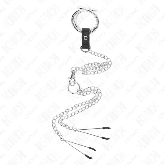 KINK - ANELLO PER PENE IN METALLO CROMATO TRIPLO DA 3 CM A 4,5 CM CON CATENA IN METALLO DA 26 CM E CLIP PER CAPEZZOLI - KINK RING POWER | Lingerie Harness Boutique