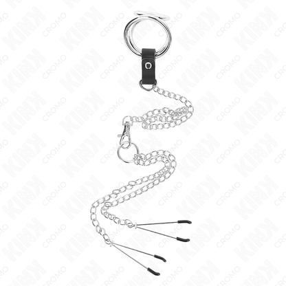 KINK - ANELLO PER PENE IN METALLO CROMATO TRIPLO DA 3 CM A 4,5 CM CON CATENA IN METALLO DA 26 CM E CLIP PER CAPEZZOLI - KINK RING POWER | Lingerie Harness Boutique