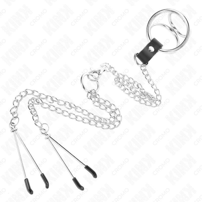 KINK - ANELLO PER PENE IN METALLO CROMATO TRIPLO DA 3 CM A 4,5 CM CON CATENA IN METALLO DA 26 CM E CLIP PER CAPEZZOLI - KINK RING POWER | Lingerie Harness Boutique