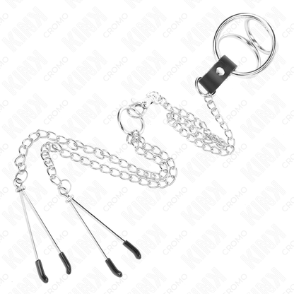 KINK - ANELLO PER PENE IN METALLO CROMATO TRIPLO DA 3 CM A 4,5 CM CON CATENA IN METALLO DA 26 CM E CLIP PER CAPEZZOLI - KINK RING POWER | Lingerie Harness Boutique