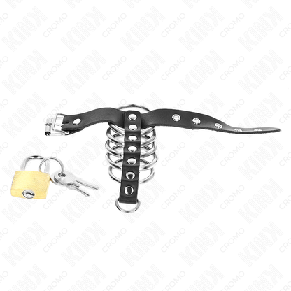 KINK - ANELLO PER PENE IN PELLE CON CINGHIA DI BLOCCAGGIO 21 X 2 CM E 5 ANELLI IN METALLO DA 3 CM A 4 CM - KINK RING POWER | Lingerie Harness Boutique