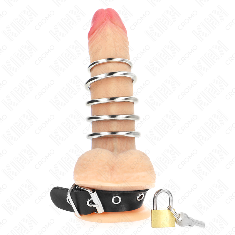 KINK - ANELLO PER PENE IN PELLE CON CINGHIA DI BLOCCAGGIO 21 X 2 CM E 5 ANELLI IN METALLO DA 3 CM A 4 CM - KINK RING POWER | Lingerie Harness Boutique