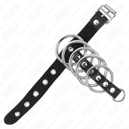 KINK - ANELLO PER PENE IN PELLE CON CINGHIA DI BLOCCAGGIO 21 X 2 CM E 5 ANELLI IN METALLO DA 3 CM A 4 CM - KINK RING POWER | Lingerie Harness Boutique