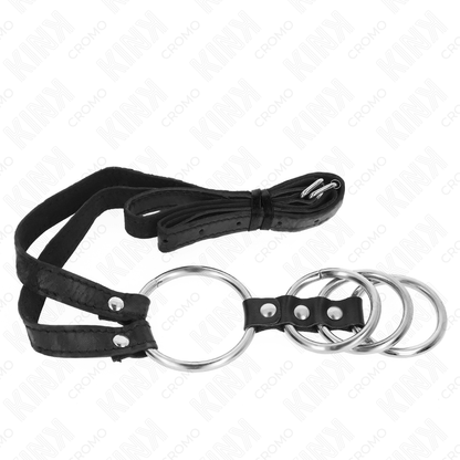 KINK - 4 ANELLI PER PENE IN METALLO COLLEGATI DA 3,8 CM A 5 CM CON CINTURA IN PELLE 112 CM - KINK RING POWER | Lingerie Harness Boutique