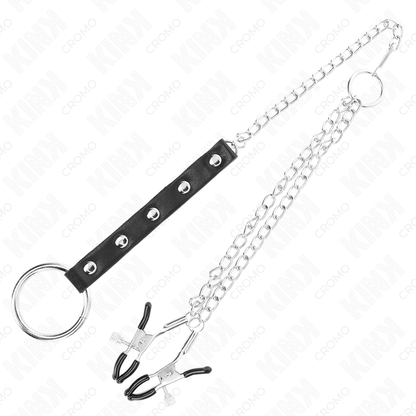 KINK - ANELLO PER PENE IN METALLO CON CATENA E MORSETTI PER CAPEZZOLI REGOLABILI - KINK RING POWER | Lingerie Harness Boutique