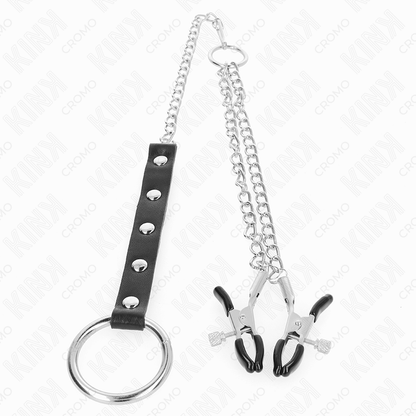 KINK - ANELLO PER PENE IN METALLO CON CATENA E MORSETTI PER CAPEZZOLI REGOLABILI - KINK RING POWER | Lingerie Harness Boutique