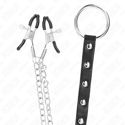 KINK - ANELLO PER PENE IN METALLO CON CATENA E MORSETTI PER CAPEZZOLI REGOLABILI - KINK RING POWER | Lingerie Harness Boutique