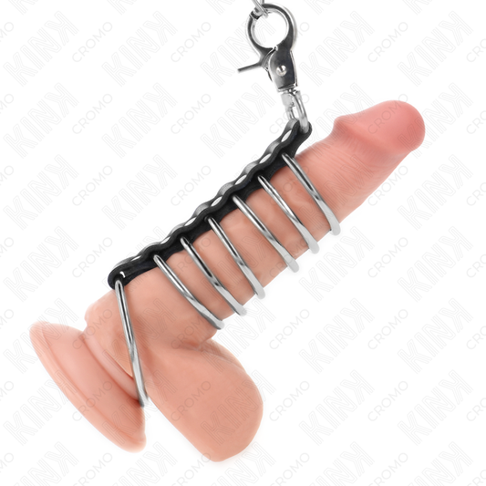 KINK - 7 ANELLI PER PENE IN METALLO DA 3,8 CM A 5 CM COLLEGATI CON PELLE E CATENA IN METALLO 100 CM - KINK RING POWER | Lingerie Harness Boutique