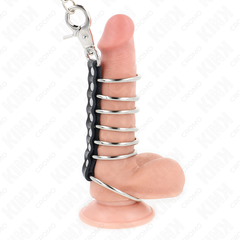 KINK - 7 ANELLI PER PENE IN METALLO DA 3,8 CM A 5 CM COLLEGATI CON PELLE E CATENA IN METALLO 100 CM - KINK RING POWER | Lingerie Harness Boutique