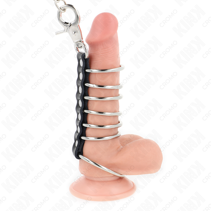 KINK - 7 ANELLI PER PENE IN METALLO DA 3,8 CM A 5 CM COLLEGATI CON PELLE E CATENA IN METALLO 100 CM - KINK RING POWER | Lingerie Harness Boutique