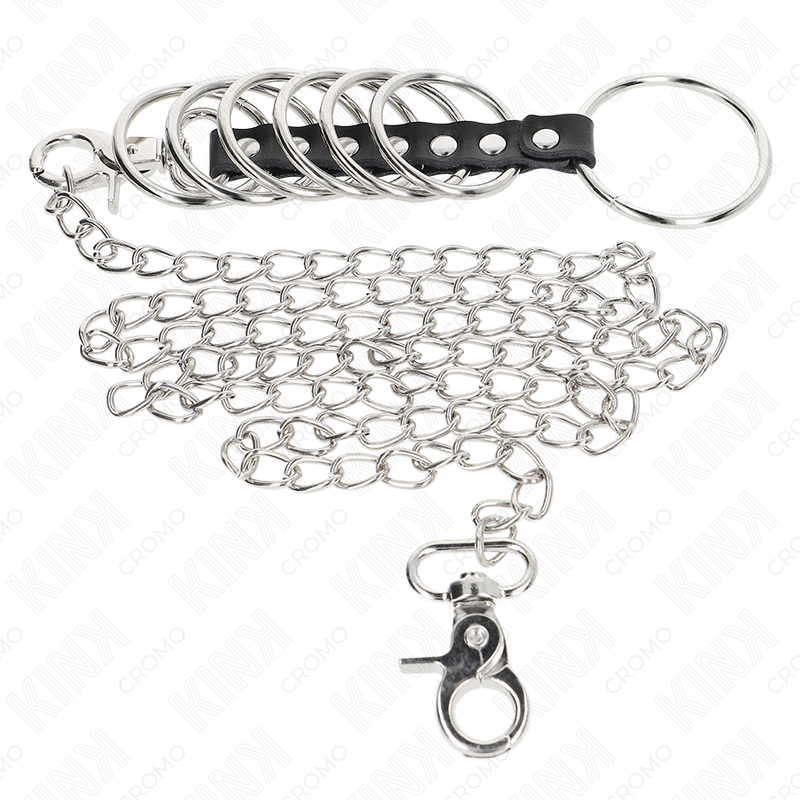 KINK - 7 ANELLI PER PENE IN METALLO DA 3,8 CM A 5 CM COLLEGATI CON PELLE E CATENA IN METALLO 100 CM - KINK RING POWER | Lingerie Harness Boutique