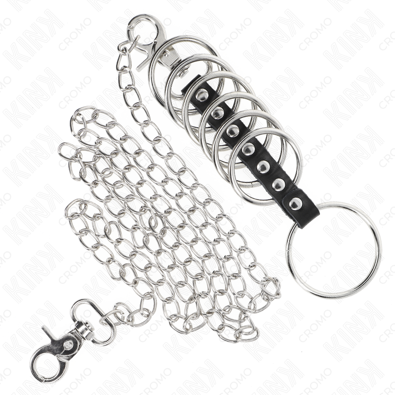 KINK - 7 ANELLI PER PENE IN METALLO DA 3,8 CM A 5 CM COLLEGATI CON PELLE E CATENA IN METALLO 100 CM - KINK RING POWER | Lingerie Harness Boutique