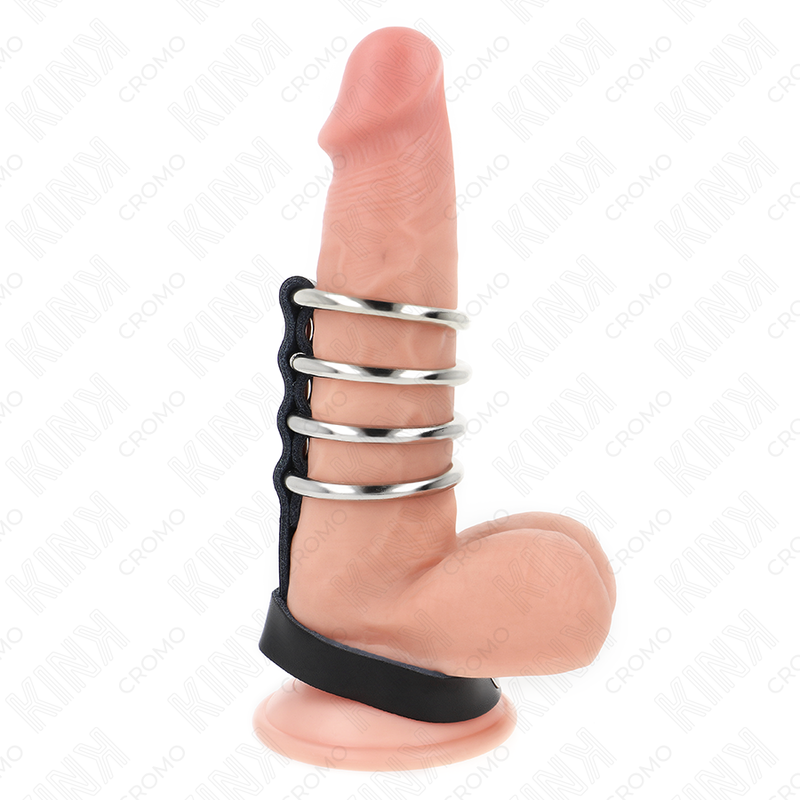 KINK - 4 ANELLI PER PENE IN METALLO DA 3,8 CM COLLEGATI CON CINTURINO IN PELLE DA 22 X 1,5 CM E CHIUSURA A PRESSIONE - KINK RING POWER | Lingerie Harness Boutique