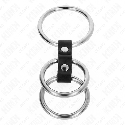 KINK - ANELLO PER PENE IN METALLO TRIPLO DA 3,7 CM A 5 CM COLLEGATO CON PELLE - KINK RING POWER | Lingerie Harness Boutique