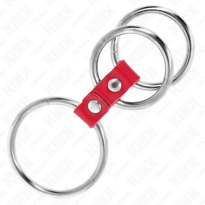 KINK - ANELLO PER PENE IN TRIPLO METALLO DA 3,7 CM A 5 CM COLLEGATO CON PELLE ROSSA - KINK RING POWER | Lingerie Harness Boutique