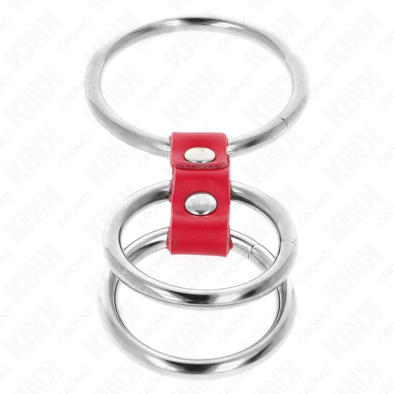 KINK - ANELLO PER PENE IN TRIPLO METALLO DA 3,7 CM A 5 CM COLLEGATO CON PELLE ROSSA - KINK RING POWER | Lingerie Harness Boutique