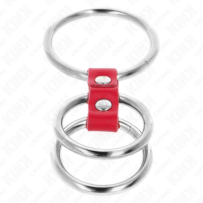 KINK - ANELLO PER PENE IN TRIPLO METALLO DA 3,7 CM A 5 CM COLLEGATO CON PELLE ROSSA - KINK RING POWER | Lingerie Harness Boutique