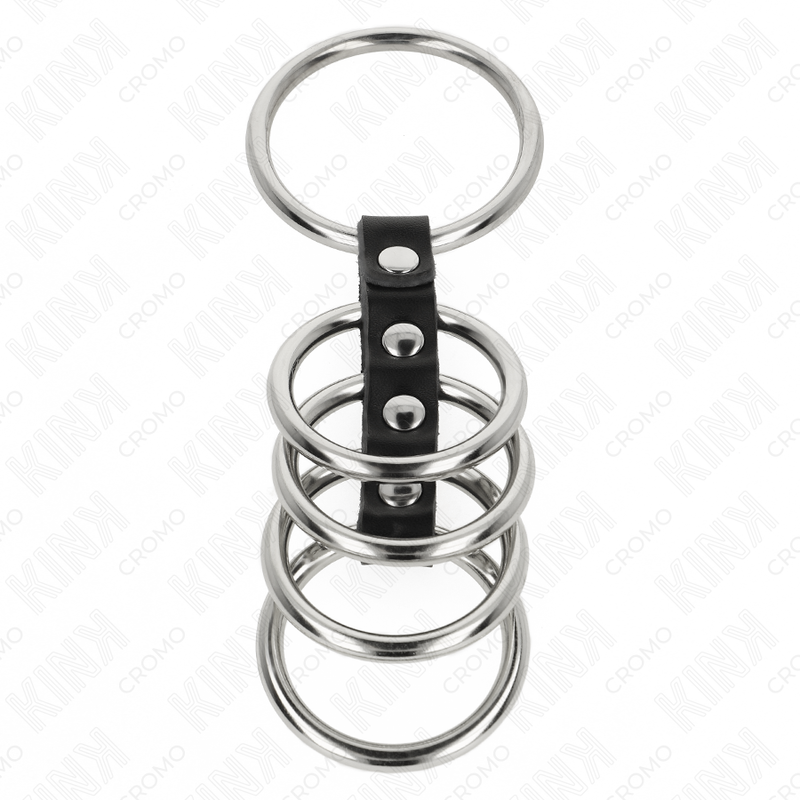 KINK - 5 ANELLI PER PENE DA 3,7 CM A 5 CM METALLO COLLEGATI DA PELLE - KINK RING POWER | Lingerie Harness Boutique
