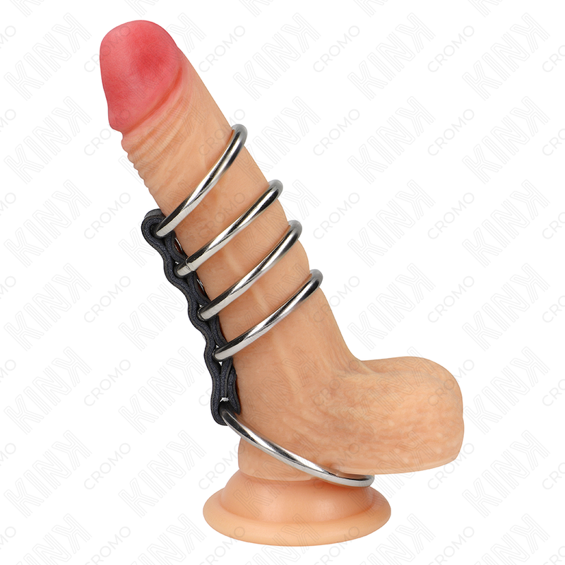 KINK - 5 ANELLI PER PENE DA 3,7 CM A 5 CM METALLO COLLEGATI DA PELLE - KINK RING POWER | Lingerie Harness Boutique