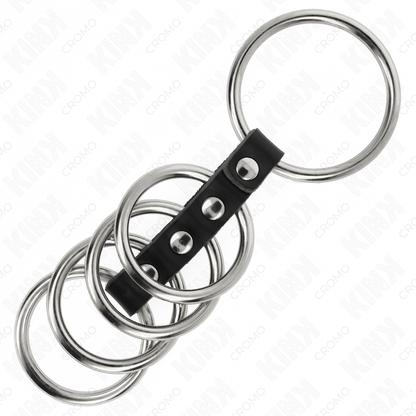 KINK - 5 ANELLI PER PENE DA 3,7 CM A 5 CM METALLO COLLEGATI DA PELLE - KINK RING POWER | Lingerie Harness Boutique