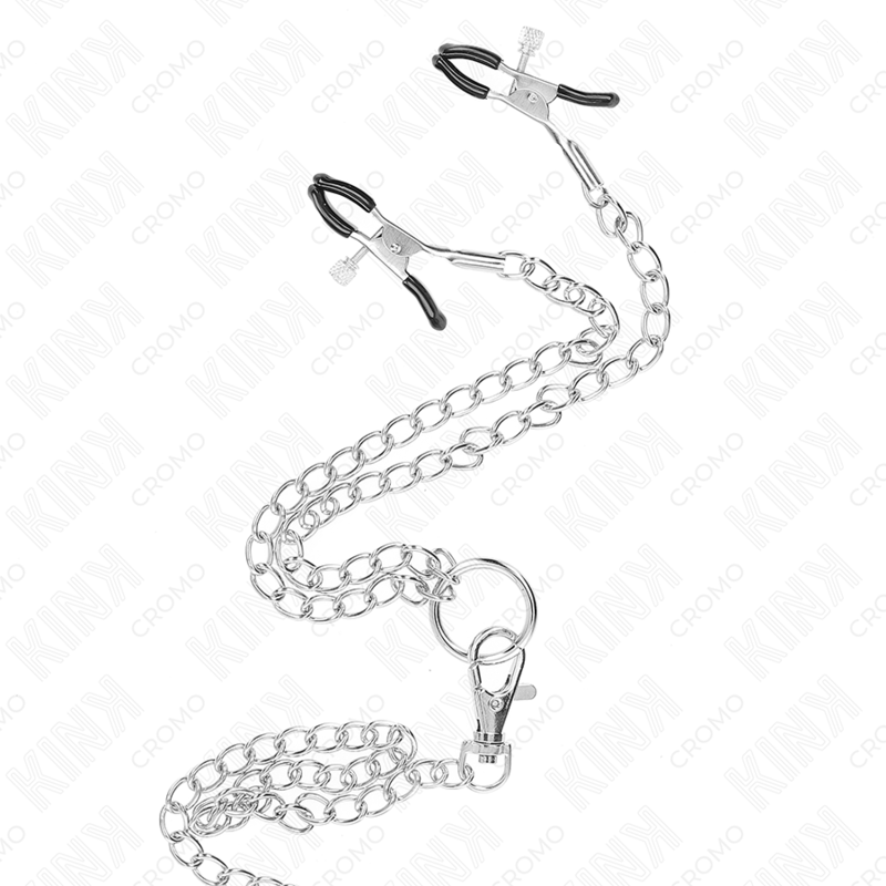 KINK - ANELLO PER PENE IN METALLO CROMATO TRIPLO DA 3,8 CM A 5 CM CON CATENA IN METALLO DA 26 CM E MORSETTI PER CAPEZZOLI MOD1 - KINK RING POWER | Lingerie Harness Boutique