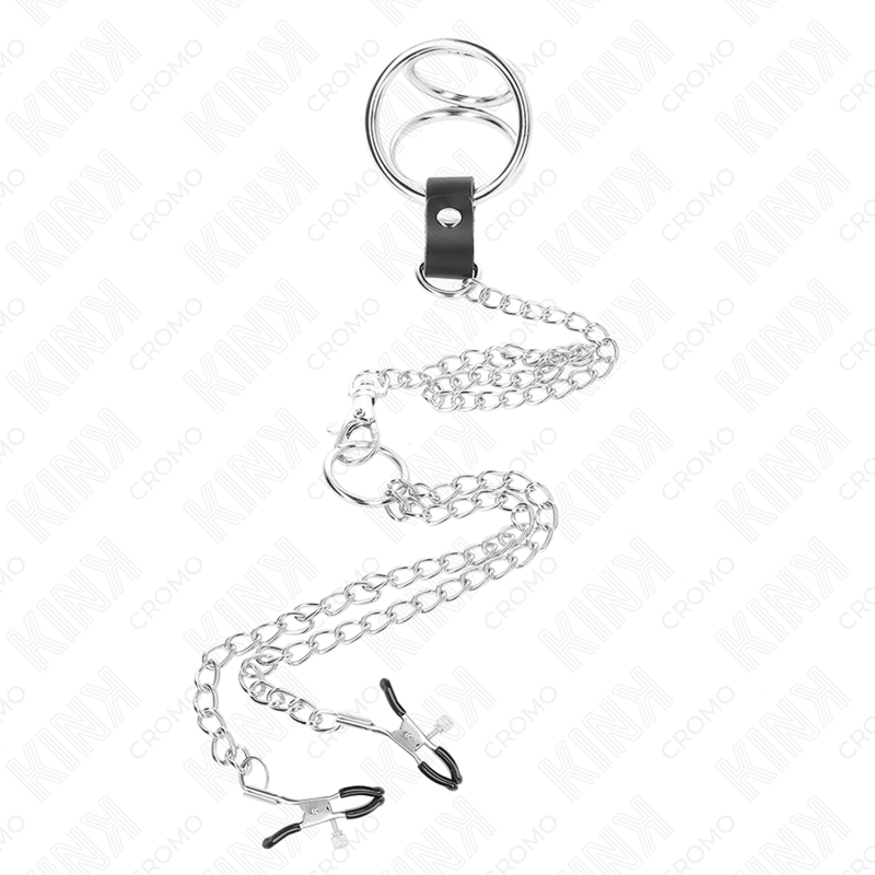 KINK - ANELLO PER PENE IN METALLO CROMATO TRIPLO DA 3 CM A 4,5 CM CON CATENA IN METALLO DA 26 CM E CLIP PER CAPEZZOLI - KINK RING POWER | Lingerie Harness Boutique