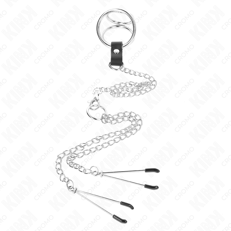 KINK - ANELLO PER PENE IN METALLO CROMATO TRIPLO DA 3,8 CM A 5 CM, CATENA IN METALLO DA 26 CM E MORSETTI PER CAPEZZOLI MOD. 2 - KINK RING POWER | Lingerie Harness Boutique