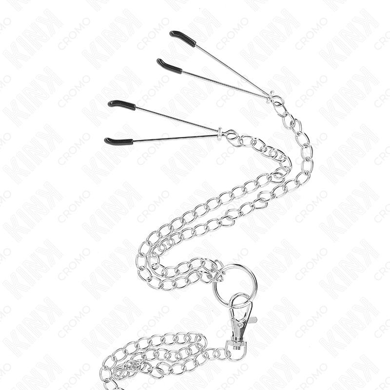 KINK - ANELLO PER PENE IN METALLO CROMATO TRIPLO DA 3,8 CM A 5 CM, CATENA IN METALLO DA 26 CM E MORSETTI PER CAPEZZOLI MOD. 2 - KINK RING POWER | Lingerie Harness Boutique