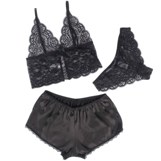 SUBBLIME - 953911 CAMICIA DA NOTTE IN SETA E PIZZO + SLIP NERO S/M - SUBBLIME SETS | Lingerie Harness Boutique