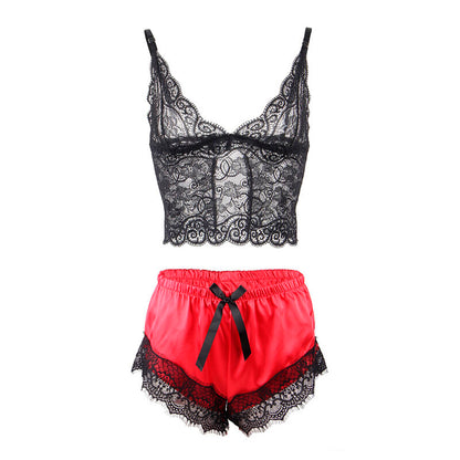 SUBBLIME - 953959 CAMICIA DA NOTTE CASUAL IN SETA + PANTALONI IN PIZZO NERO/ROSSO S/M - SUBBLIME SETS | Lingerie Harness Boutique