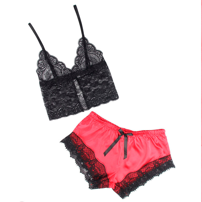 SUBBLIME - 953966 VESTAGLIA DA NOTTE CASUAL IN SETA + PANTALONI IN PIZZO NERO/ROSSO L/XL - SUBBLIME SETS | Lingerie Harness Boutique