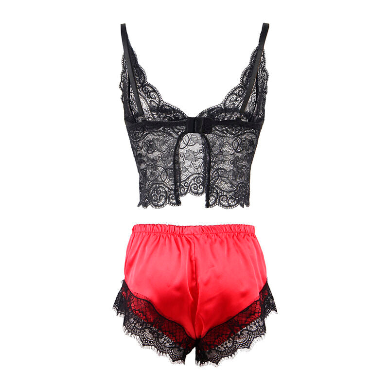 SUBBLIME - 953966 VESTAGLIA DA NOTTE CASUAL IN SETA + PANTALONI IN PIZZO NERO/ROSSO L/XL - SUBBLIME SETS | Lingerie Harness Boutique