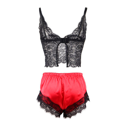 SUBBLIME - 953966 VESTAGLIA DA NOTTE CASUAL IN SETA + PANTALONI IN PIZZO NERO/ROSSO L/XL - SUBBLIME SETS | Lingerie Harness Boutique