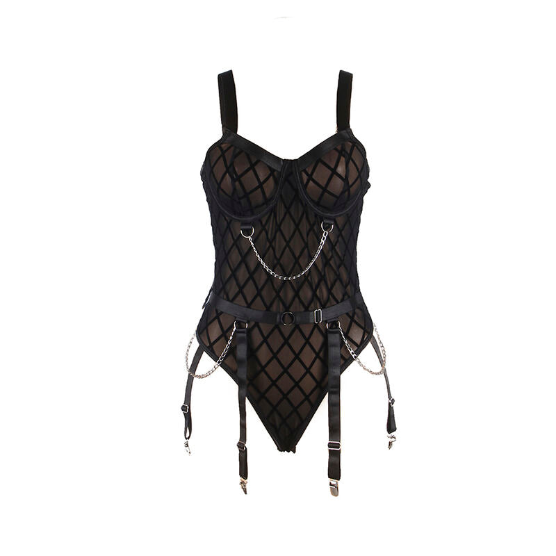 SUBBLIME - 954260 BODY CON CATENE + CINTURA REGGICALZE NERO S/M - SUBBLIME BODIES | Lingerie Harness Boutique