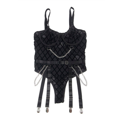 SUBBLIME - 954260 BODY CON CATENE + CINTURA REGGICALZE NERO S/M - SUBBLIME BODIES | Lingerie Harness Boutique