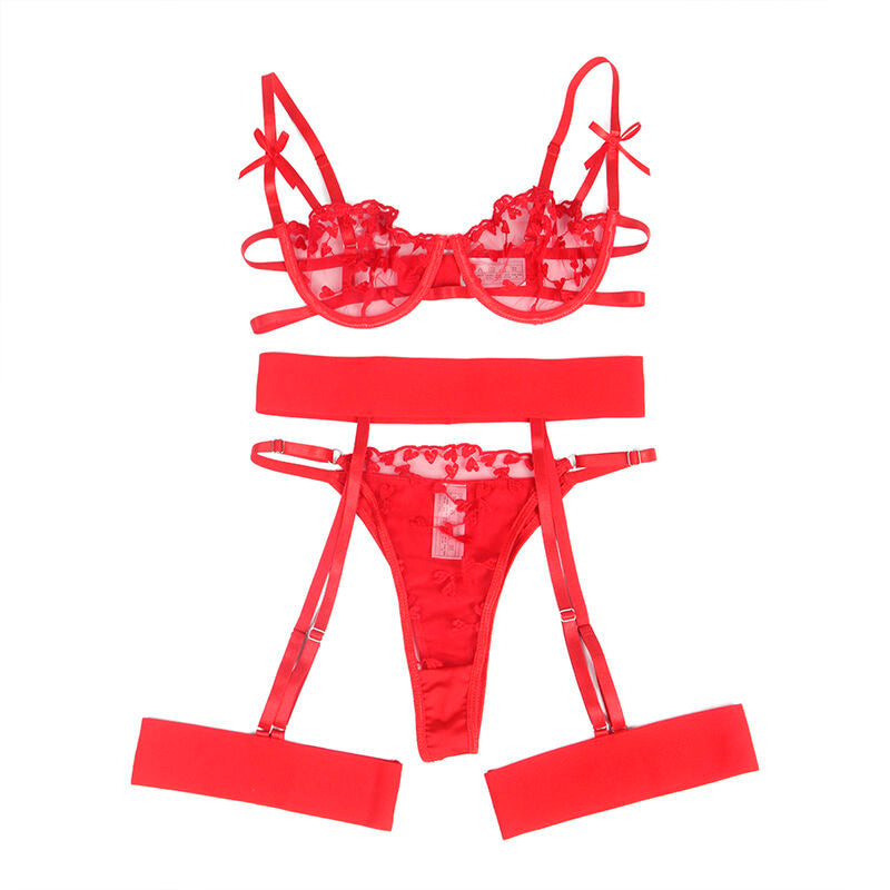 SUBBLIME - 954338 REGGISENO + PERIZOMA + CINTURA CON STAMPA A CUORE ROSSO L/XL - SUBBLIME SETS | Lingerie Harness Boutique