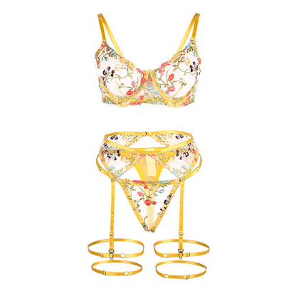 SUBBLIME - 954345 REGGISENO + PERIZOMA + CINTURA REGGISENO FLOREALE GIALLO S/M - SUBBLIME SETS | Lingerie Harness Boutique