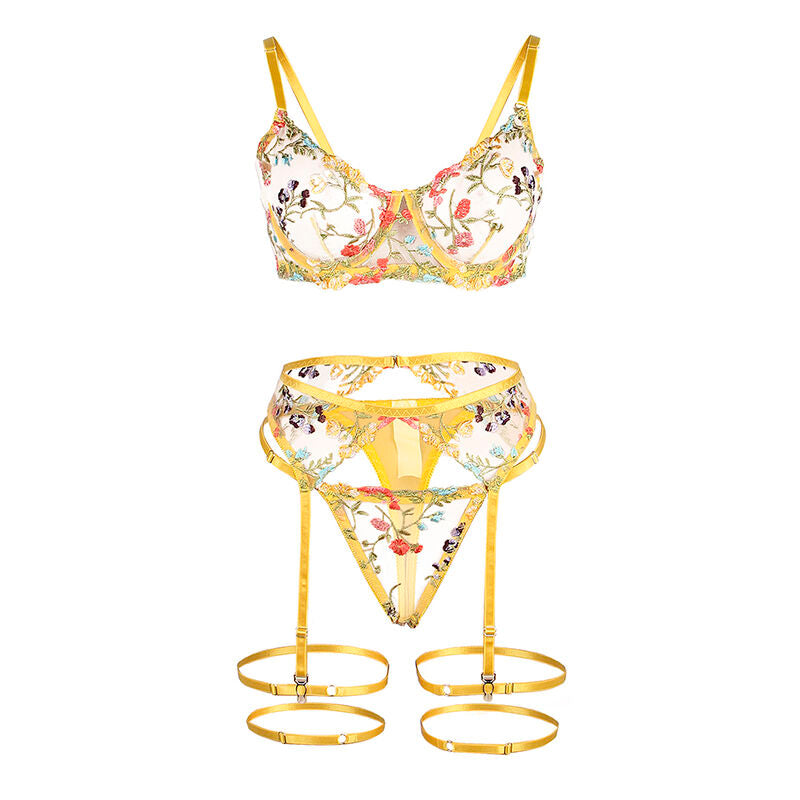 SUBBLIME - 954352 REGGISENO + PERIZOMA + CINTURA CON FIORI GIALLO L/XL - SUBBLIME SETS | Lingerie Harness Boutique