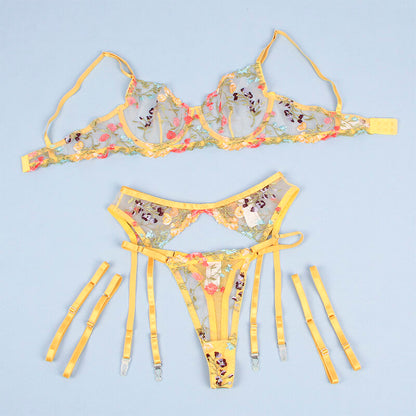 SUBBLIME - 954352 REGGISENO + PERIZOMA + CINTURA CON FIORI GIALLO L/XL - SUBBLIME SETS | Lingerie Harness Boutique