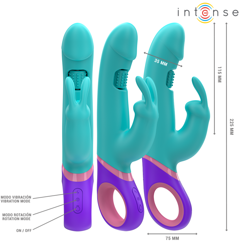 INTENSE - MONICA VIBRATORE RABBIT CON STIMOLATORE G-SPOT ROTANTE BLU - INTENSE FUN | Lingerie Harness Boutique