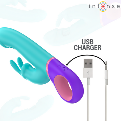 INTENSE - MONICA VIBRATORE RABBIT CON STIMOLATORE G-SPOT ROTANTE BLU - INTENSE FUN | Lingerie Harness Boutique