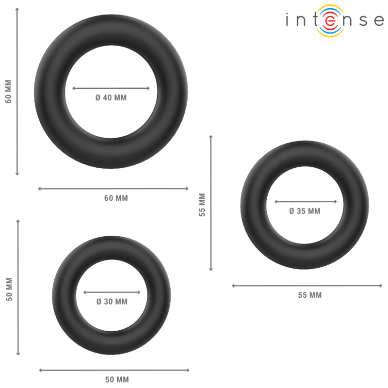 INTENSE - HUGH 3 ANELLI PER PENE IN SILICONE BASIC NERI - INTENSE COUPLES TOYS | Lingerie Harness Boutique