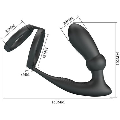 PRETTY LOVE - ANELLO PER PENE EMONI + TAPPO ANALE 12 VIBRAZIONI NERO - PRETTY LOVE | Lingerie Harness Boutique