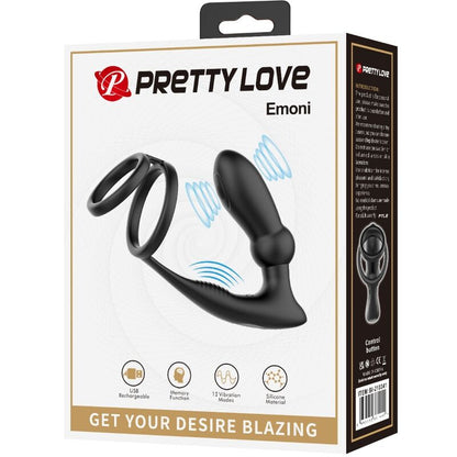 PRETTY LOVE - ANELLO PER PENE EMONI + TAPPO ANALE 12 VIBRAZIONI NERO - PRETTY LOVE | Lingerie Harness Boutique